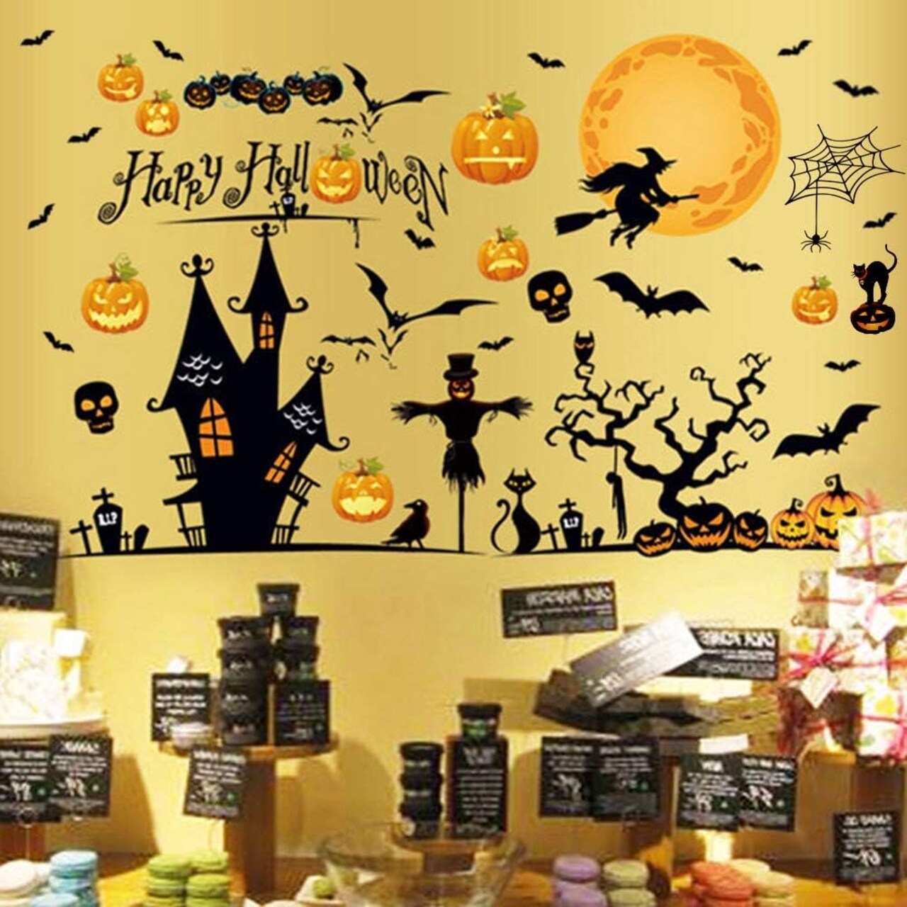 Happy Halloween Wall Stickers & Window Clings – Removable Vinyl Decals with Witch, Bats, Pumpkins & Castle Designs for Indoor/Outdoor Home Decor (6 Sheets)